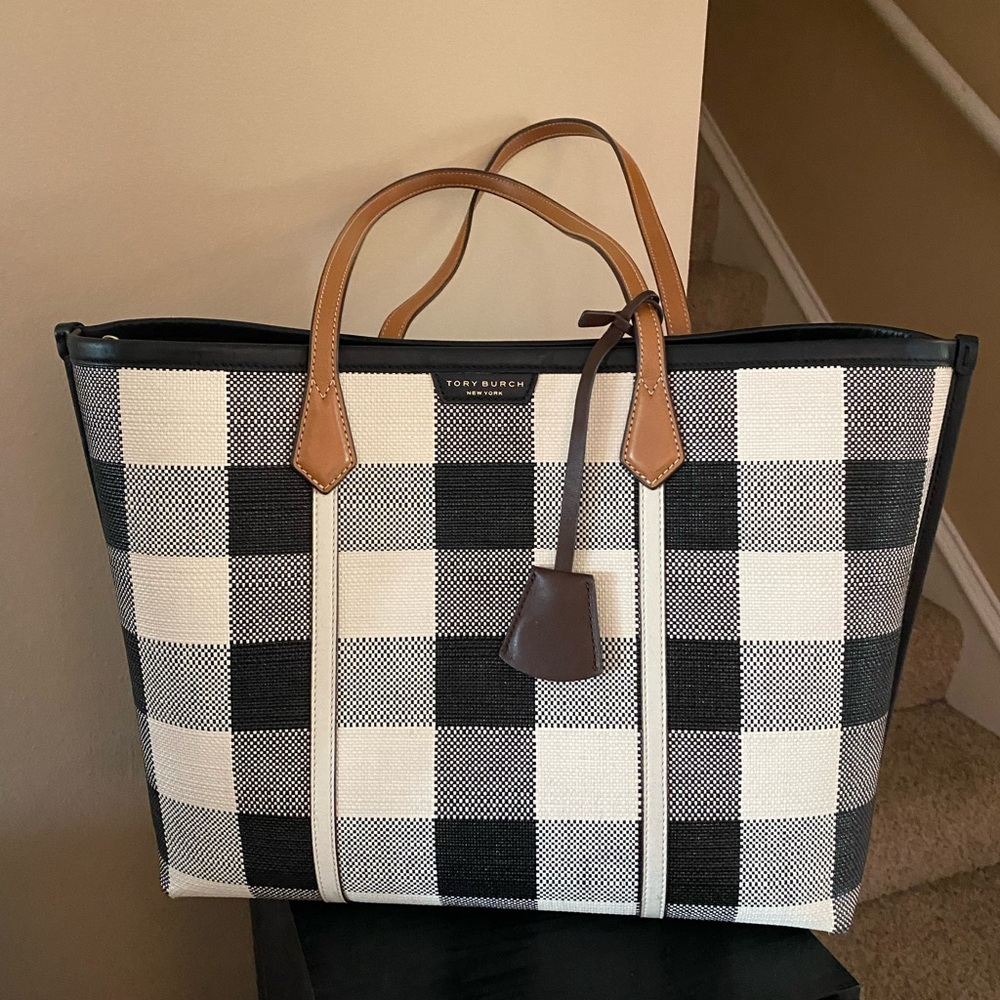 Tory Burch Plaid Gingham Tote with Tan Accents